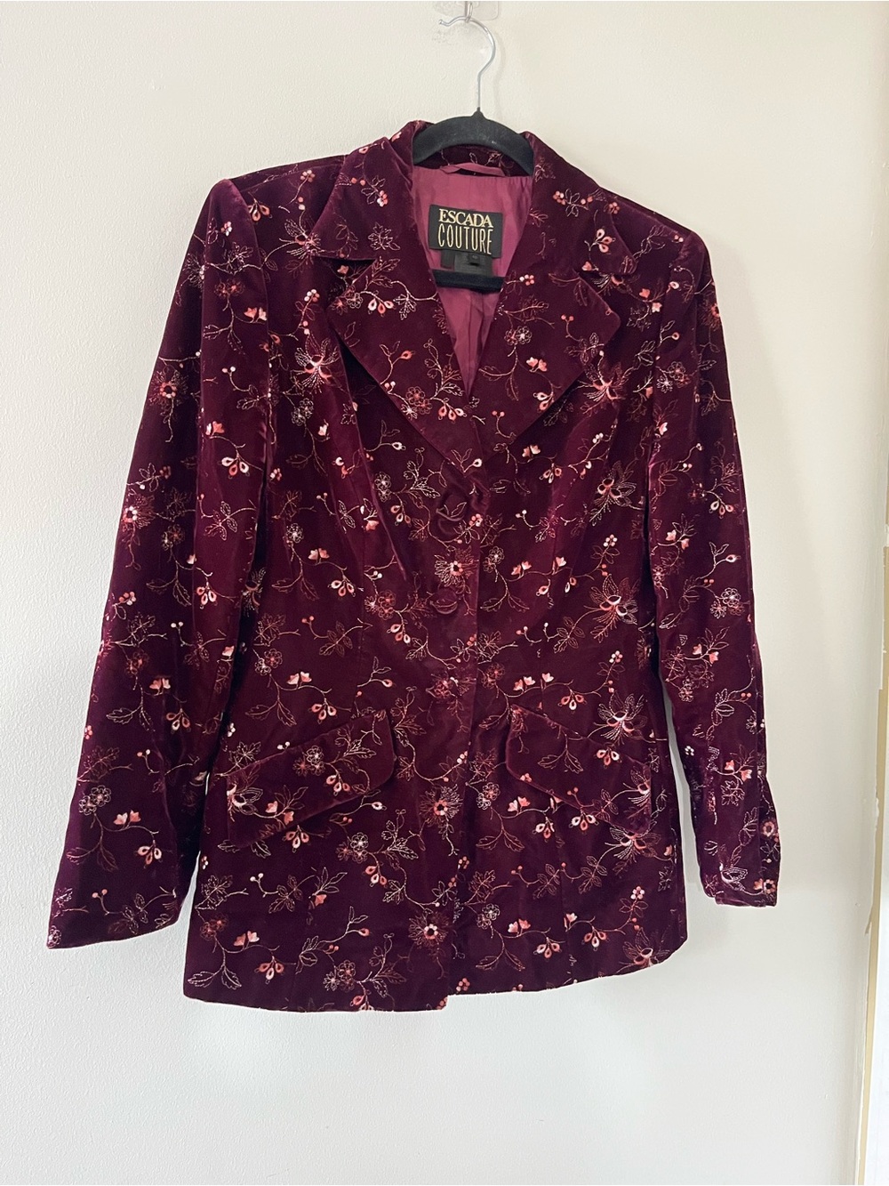 Vintage 90s Escada Burgundy Embroidered Floral Print Velvet Blazer Medium 40